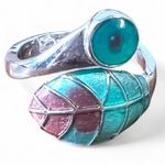 Ring Native American Zuni silver inlay Teal Resin Filled Wrap around Leaf Size 6 Photo 0