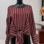 Active USA NWT Active‎ USA Striped Tie Front Blouse Maroon White Long Sleeve Top L Photo 0