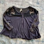 Free People We The  Rio Embroidered Blue Black Henley Top S Photo 3