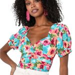 Lulus NWT Hues of You Teal Multi Floral Print Ruched Puff Sleeve Top Size XS Photo 10
