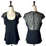 Helmut Lang  Black Puckered Lace Detail Scoop Neck Short Cap Sleeve‎ Top Size M Photo 1