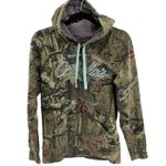 Cabela's Hunting Hoodie Sweatshirt Womens Medium Blue Green Camo Print Pocket Photo 0