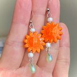 Handmade unique funky cute orange ceramic sun & Czech glass teardrop dangle earrings☀️🌿 Photo 0