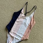Cupshe One Piece Bathing Suit Striped Preppy Nude Navy Cheeky Cross Strap Medium Photo 1