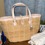 Brighton  Straw Wicker Tote Bag Purse Heart Charm Beige‎ Leather Trim Photo 0