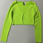 H&M Neon Lime Green Ribbed Long Sleeve Cardigan Crop Top Shirt Blouse Size S π Photo 0