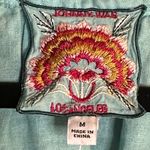 Johnny Was  Marine Blue Floral Embroidered Split V-Neck Frayed Tassel Tunic Photo 3