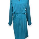 Young Fabulous and Broke YFB | Medium | Deep Teal Asymmetric Hem Ruched Satin Faux Wrap AIMEE Shirt Dress Photo 2