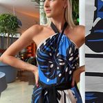 Reiss Erin Palm Print Halter Neck Maxi Dress Sleeveless Blue White Black Photo 1