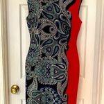 LANVIN Blue Red Paisley Sheath Dress FR 44 US XL Neoprene Midi Designer *FLAWED Photo 0