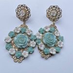 Gold Filigree Rose Earrings dangle drop flowers boho renaissance vintage large Photo 1