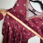 Shyanne Burgundy Embroidered V Neck Smocked Waist Ruffle Hem Dress Women Large Photo 5