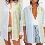 Solid & Striped  Mixed Print Long Oxford Tunic Swim Coverup Blue Green Pink XS Photo 1
