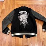 PacSun Women’s Bomber Jacket Black White Embroidered Medium Gothcore Rose Skull Photo 14