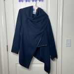 Women’s navy blue fleece black faux leather trim wrap zip jacket top sweater XL Photo 0