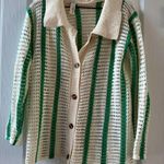 Commense Cream green stripe Crochet knit Button Photo 0