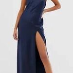 ASOS DESIGN One Shoulder Satin Midi Dress Drape Back Navy Blue NWT Size 4 Photo 0
