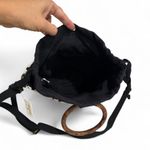 World Market Black Tan Stripe Bucket Bag with Ring Wood Handles Photo 4