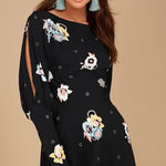 Free People NWT Sunshadows Washed Black Floral Print Mini Dress Cold Shoulder Photo 0