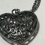 Costume Necklace Puffy Heart Silver Filigree large pendant charm unmarked Photo 3