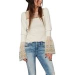 Free People  Small Top Ivory Embroidered Bell Sleeve‎ Flared Boho Dramatic 696 Photo 2