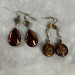 Vintage Boho Copper Amber Glass Teardrop Pierced Spiral Earrings Set Fall Colors Brown Photo 12