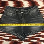 Y2K Goth Grunge Mcbling Micro Mini Baddie Bimbo Low Rise Denim Jean Shorts Cross Wings Bedazzled Rhinestone Studded Gray Black Faded Wash #biker #subversive #whimsygoth #cyber #punk acubi Measurement in pics Photo 3