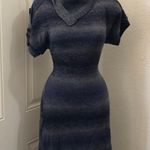 2000s Blue Grey striped fitted knit sweater midi dress asymmetric cowl turtle neckline short sleeve Photo 2