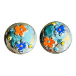 Painted Silver Floral‎ Circle Button Earrings Vintage Orange Yellow Blue Posts Photo 1