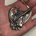Victorian Revival Bonnet Lady Brooch • Art Nouveau Style Enamel Portrait Pin Silver Photo 10