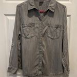 Chico's 2 Broken In Chambray Button Up Gray Lyocell Roll Tab Shirt Large 12/14 Photo 0