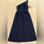 Alfred Sung NEW  D815 DRAPED ONE-SHOULDER SATIN MAXI DRESS POCKETS NAVY sz 14 Photo 3