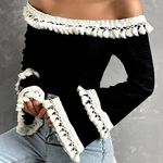Off the Shoulder Flounce Style Sleeved Sweater Black Size M Photo 10