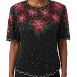 Laurence Kazar  Vintage Black Beaded Sequin Holiday Top Blouse XL Poinsettia Xmas Photo 0