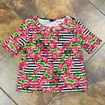 Rafaella  Scallop Scoop Neck Stripes Pink Floral Top  Petite PXL Photo 3