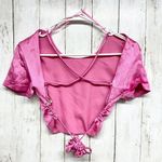 ZARA Top Women Size XS Cropped Satin Open Back Short Sleeve Pink Laced Summer Photo 1