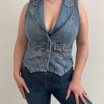 Department Of Peace Western Light Wash Denim Embroidered Floral V Neck Sleeveless Button Up Vest Top Photo 0