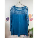 Free People Blue Lace Shoulder Long Sleeve Knit Oversized Top - Size - Small Photo 4