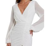 Mac Duggal Ieena for  NEW Sz 6 26655 White Long Blouson Sleeve Ruched Mini Dress Photo 2