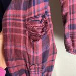 American Eagle Size S Hooded Cropped Flannel Shirt Burgandy Plaid Distressed Photo 3