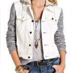 Free People Knit Sleeve & Knit Hood Distressed White Denim Jean Jacket Size XS Photo 0