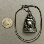 Vintage Buddha “Rub My Belly For Good Luck” silver tone pendant and necklace Photo 5