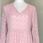 Belongsci Women's Light Pink Wiss Dot Sheer V Neck Long Sleeve Sundress Size Med Photo 4