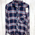 ZARA  Trafaluc Shirt Women Size Small Navy Plaid Collared Long Sleeve Button Down Photo 0