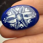 Cobalt Blue & White Enamel Floral Design Handcrafted Oval Metal Brooch Pin Photo 2