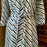 Elegant Blue White Striped Long Sleeve Shirt Dress 1960s 1970s Vintage Work Wear Size 14 Photo 7