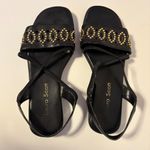 Laura Scott  Faux Leather Slingback Open Toe Studded Wedge Sandals Black Womens 6 Photo 2