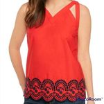 Crown & Ivy  MED red white cute blouse blue embroidered cherry scalloped bottom Photo 0
