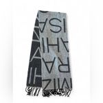 Isaac Mizrahi 100% Cashmere Logo Scarf Gray & Black Fringe Designer Winter Wrap Photo 1