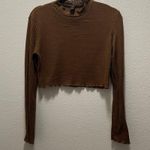 SheIn  Waffle Knit Brown Long Sleeve Mock Neck Crop Top Scalloped Hem Size Large Photo 1